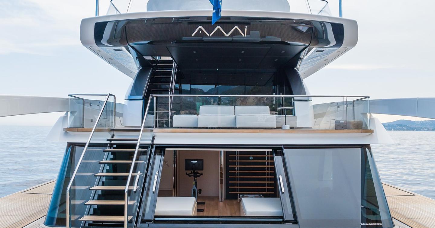 Superyacht Ami's lower stern with gym and beach club