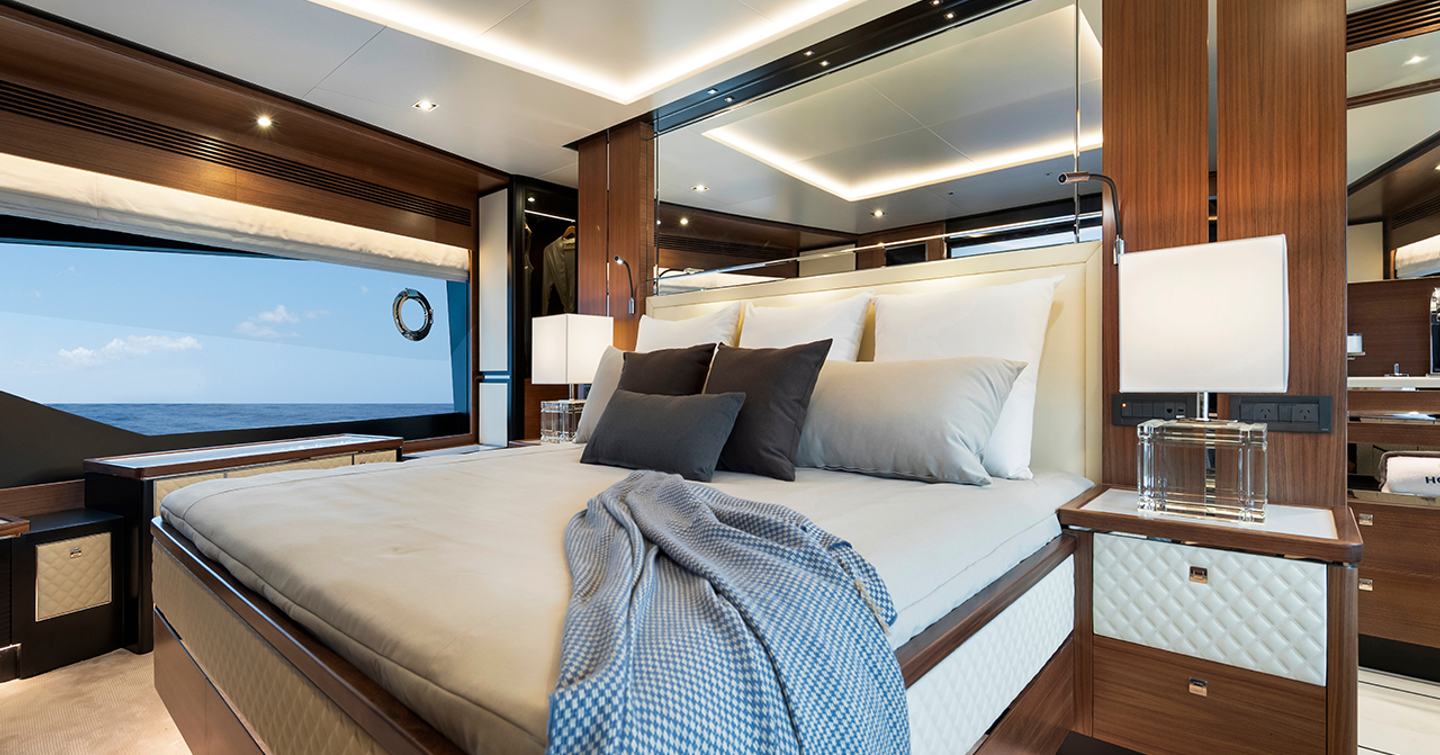 Horizon FD90 Skylounge motor yacht master cabin with window  