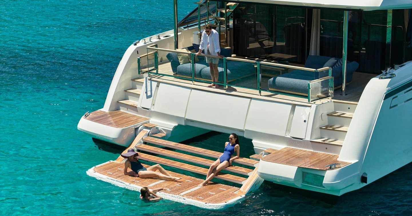 Prestige M8 Evo catamaran aft deck and swim platform 