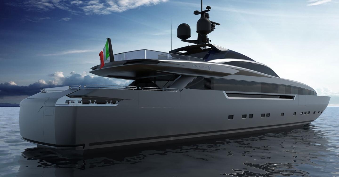 rendering of 43M Fast superyacht with sleek flybridge cruising on water with a blue sky