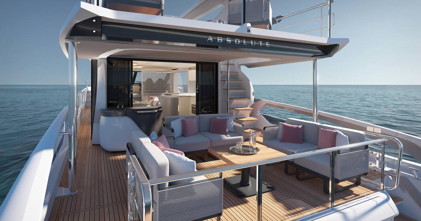 Rendering of Absolute 70 FLY Boat aft deck with shaded white seating