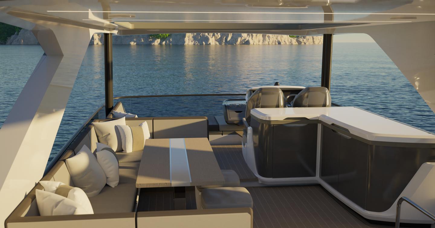 Rendering of Pearl 63 motor yacht flybridge with upper helm station and U-shaped seating