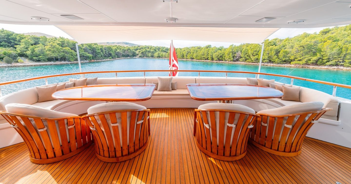 Superyacht Victory's aft deck alfresco dining