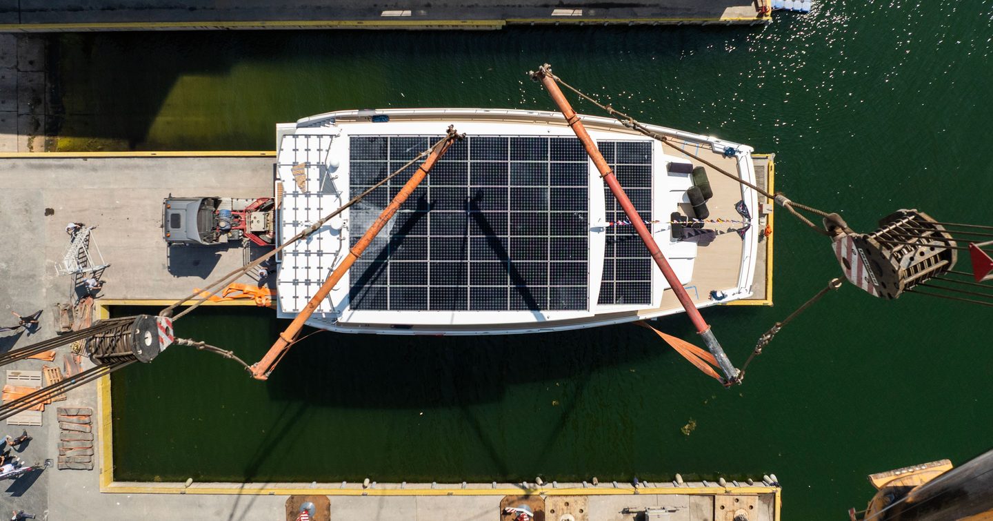 Aerial view of Second VisionF E-Cat 80 catamaran at launch