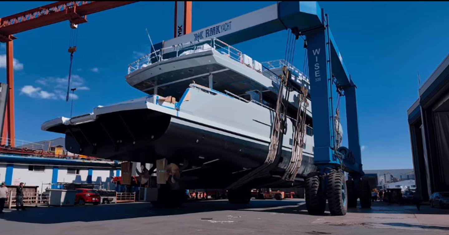 Aft shot of Explorer Yacht Mitan at launch 