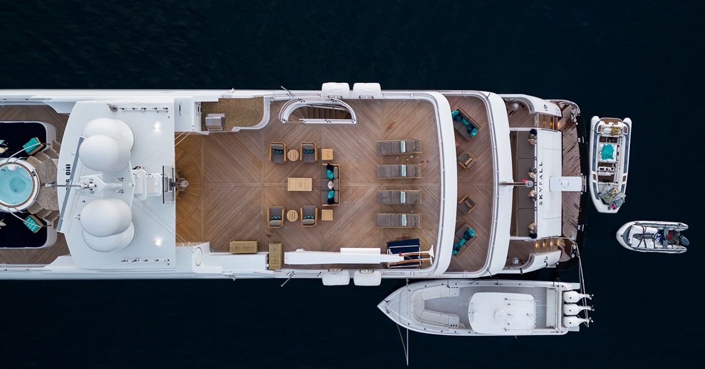 Aerial view of Superyacht Skyfall aft decks 