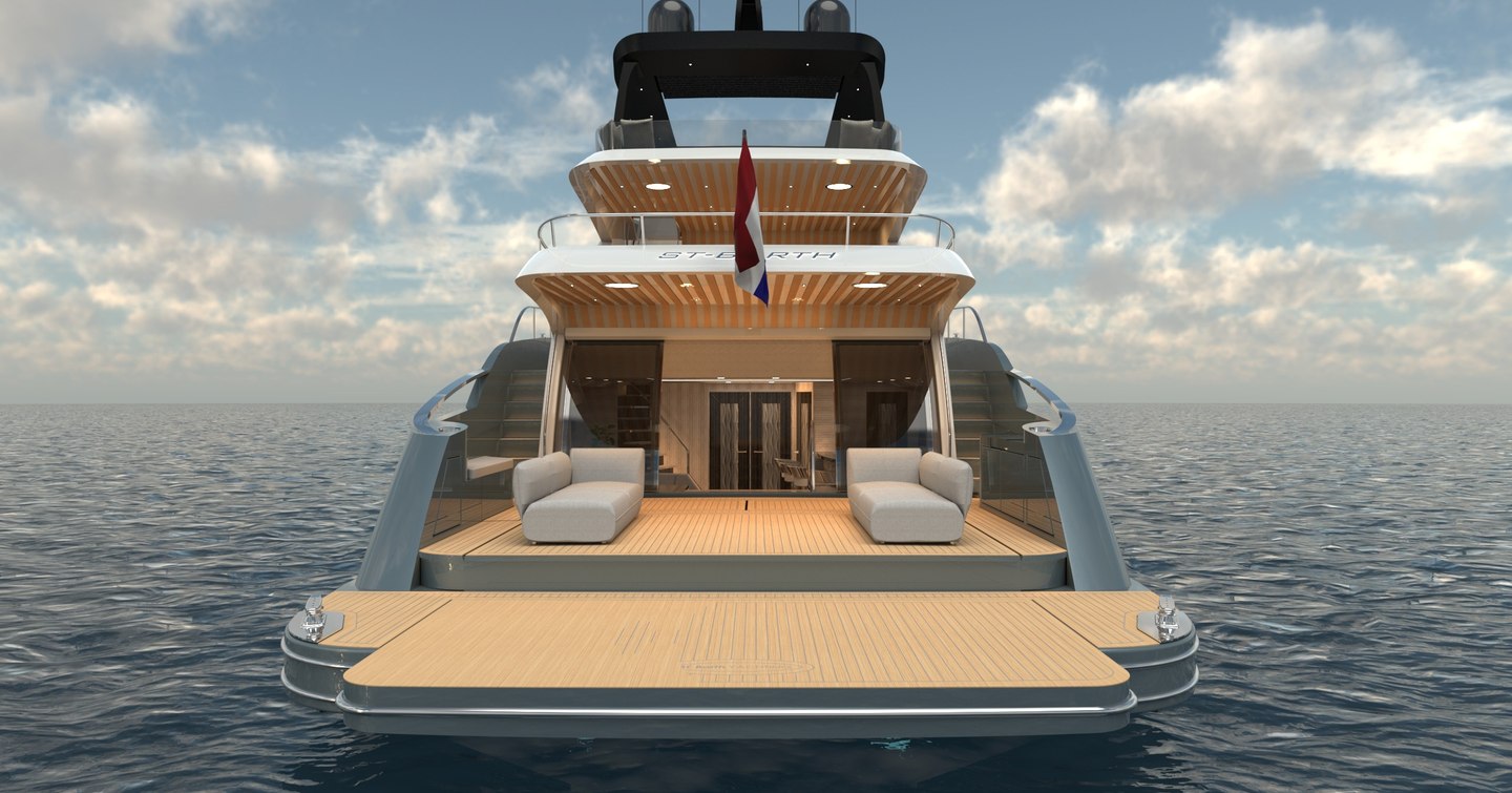 Rendering of St-Barth 85 Fly motor yacht beach club 