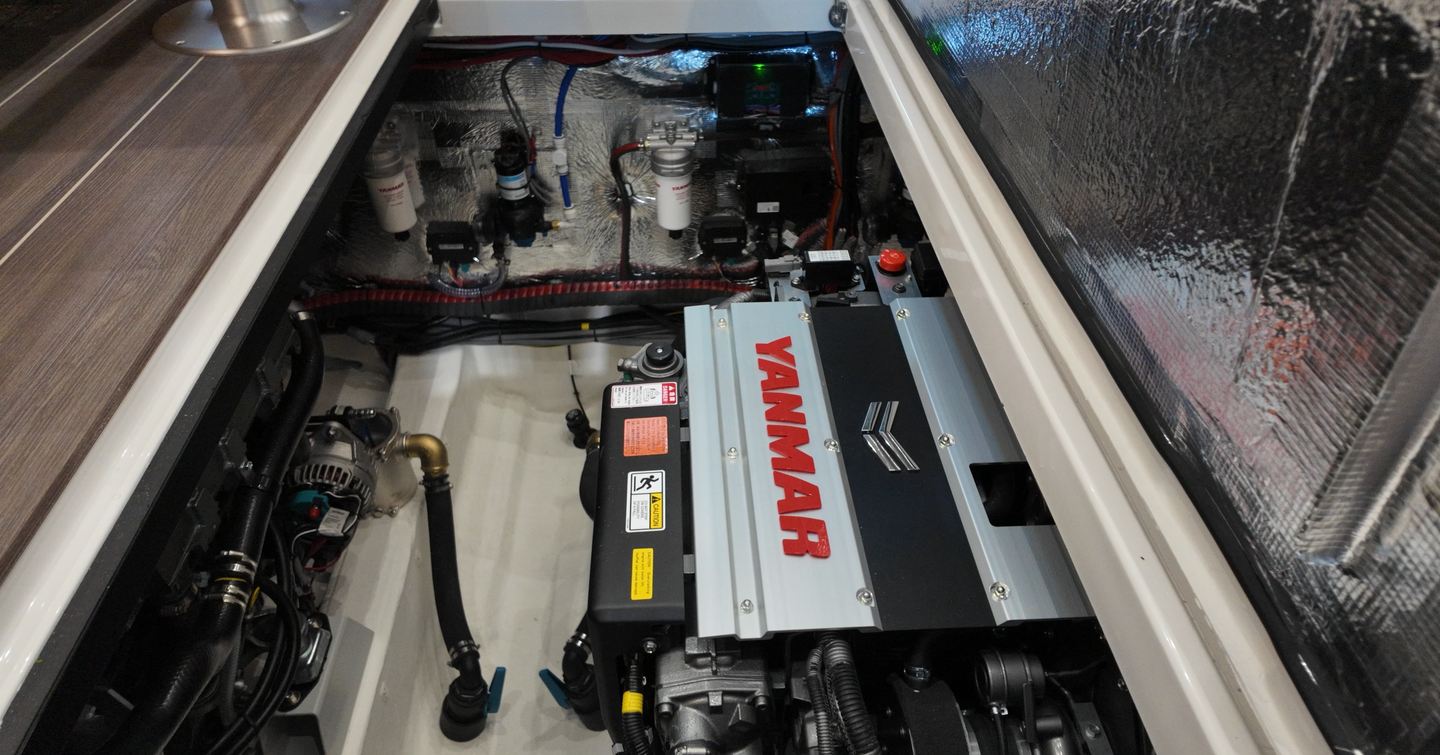 Greenline 42 Yanmar 250hp diesel engine installation with accessible filters and shaft drive