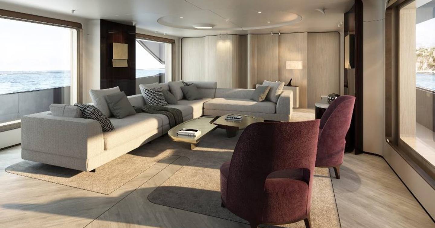 Azimut Grande Trideck Superyacht Blue Eyes main saloon with L-shaped sofa and red arm chairs 