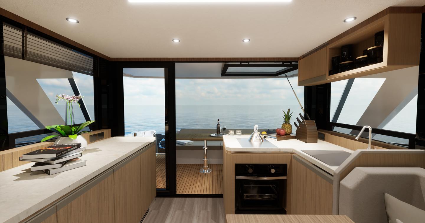 Motor yacht Greenline 42's galley with sink and french doors
