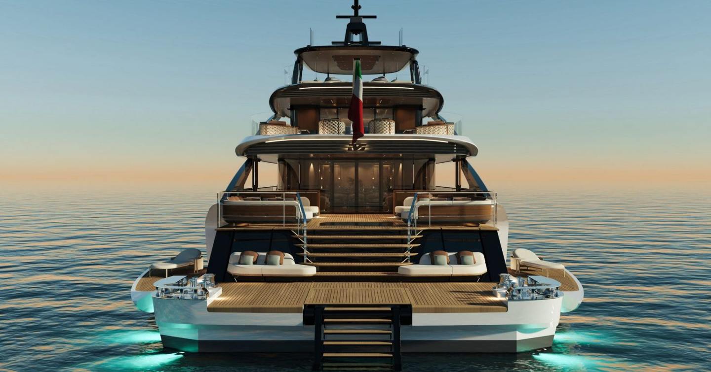 Rendering of Mangusta Gransport 50 motor yacht stern with fold down aft sides and blue underwater LEDs