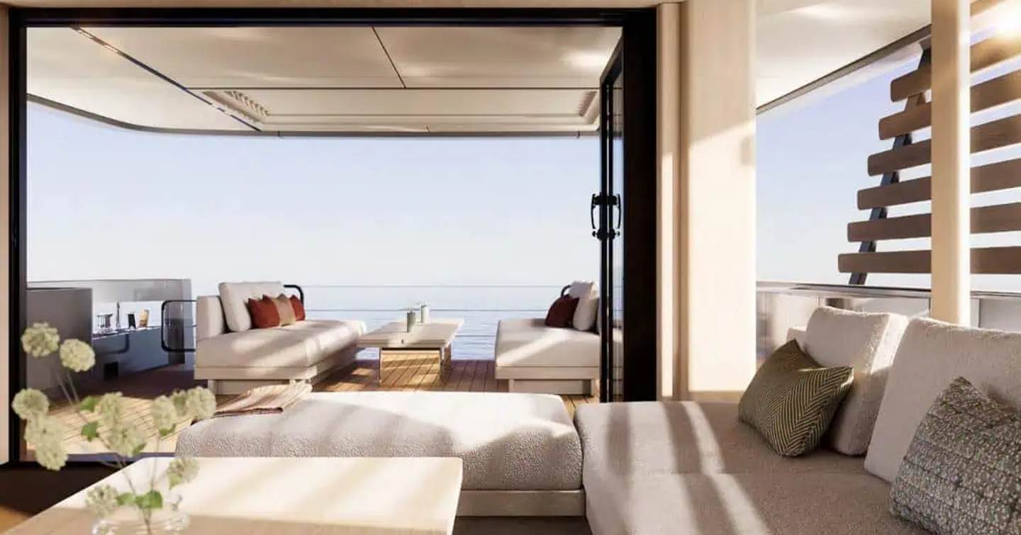 Azimut Magellano 27M motor yacht saloon open to aft deck 