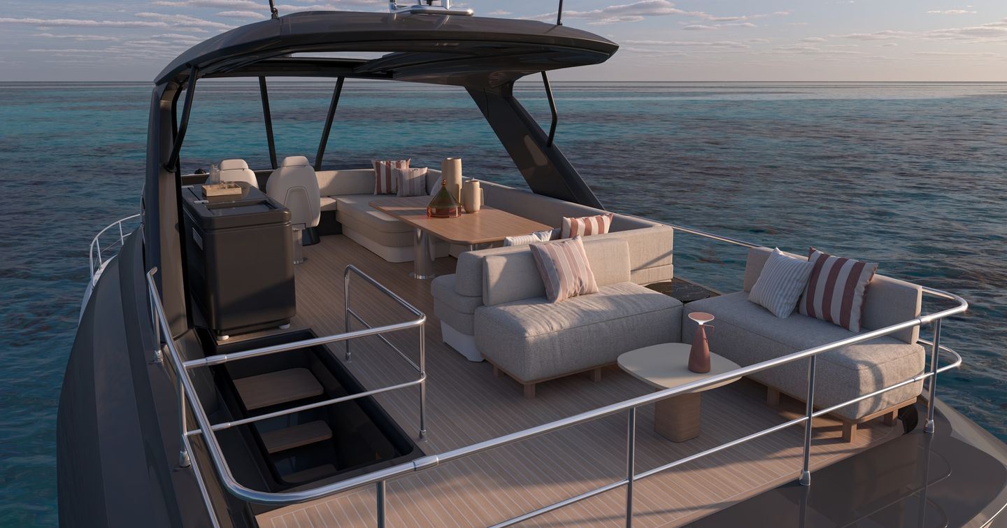 Rendering of Prestige F6.7 motor yacht flybridge which U-shaped seating
