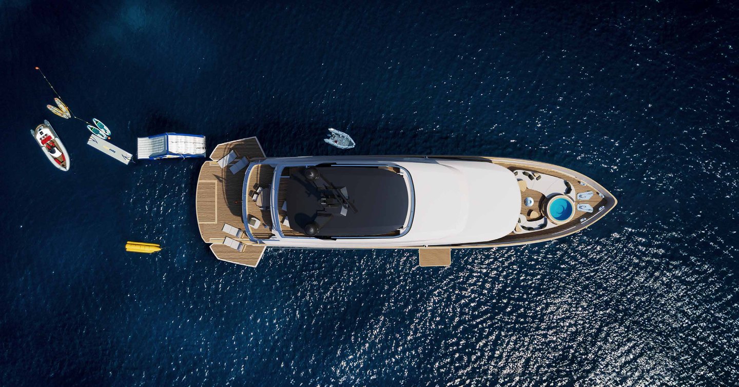 Sirena 118 viewed from above with fold-down terraces and foredeck pool