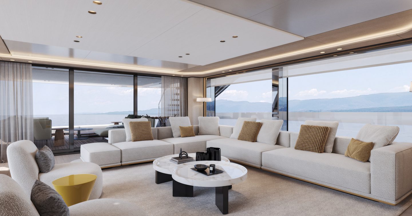 Rendering of Extra Yachts X100 Triplex motor yacht main saloon with L-shaped sofa 