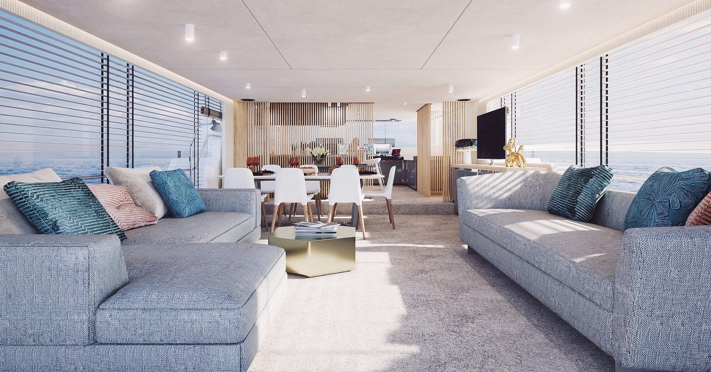 Rendering of Tecnomarine TM90 superyacht main saloon with grey sofa and aft dining area 