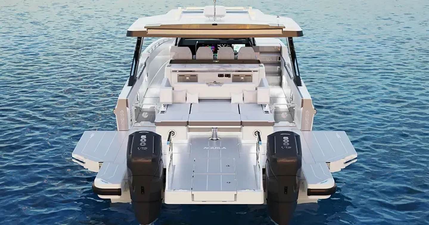 Rendering of Aquila 45 Sport Catamaran stern with fold down aft sides