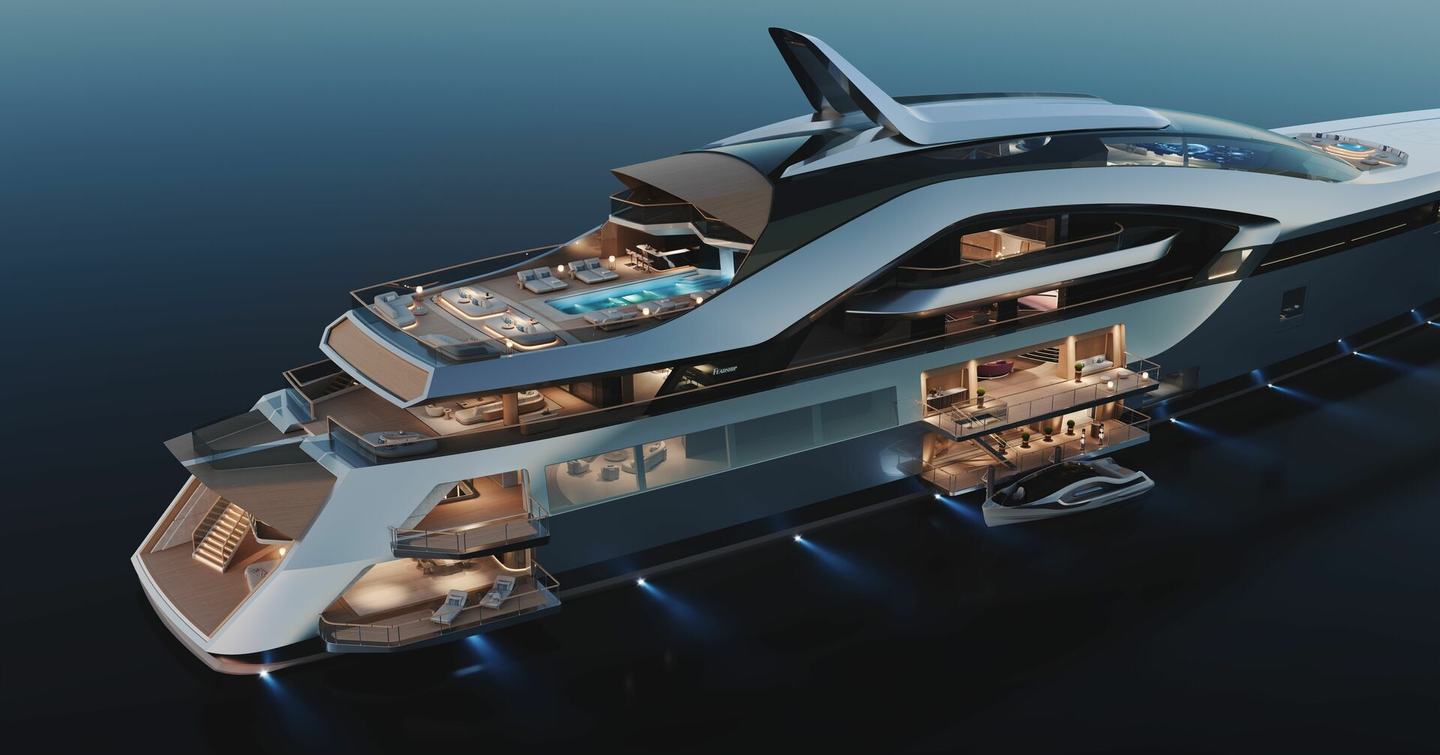 Rendering of Feadship Superyacht Hive aft decks at night with fold out balconies 