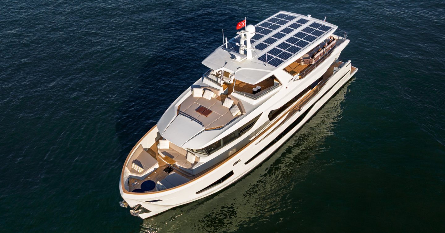 Aerial view of Numarine 27XP Explorer Yacht Maske at anchor 