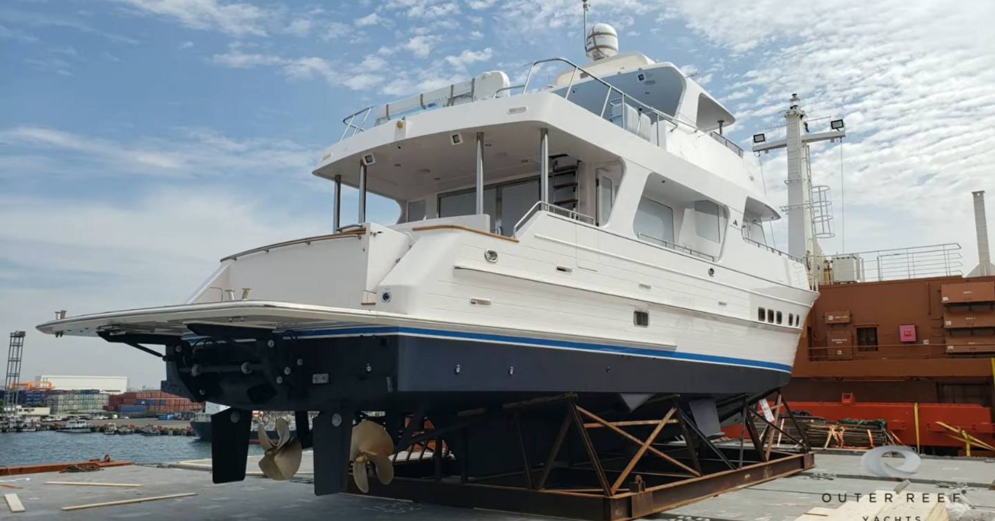 Aft view of the 670 Azure Sport Yacht after being lowered onto the dock