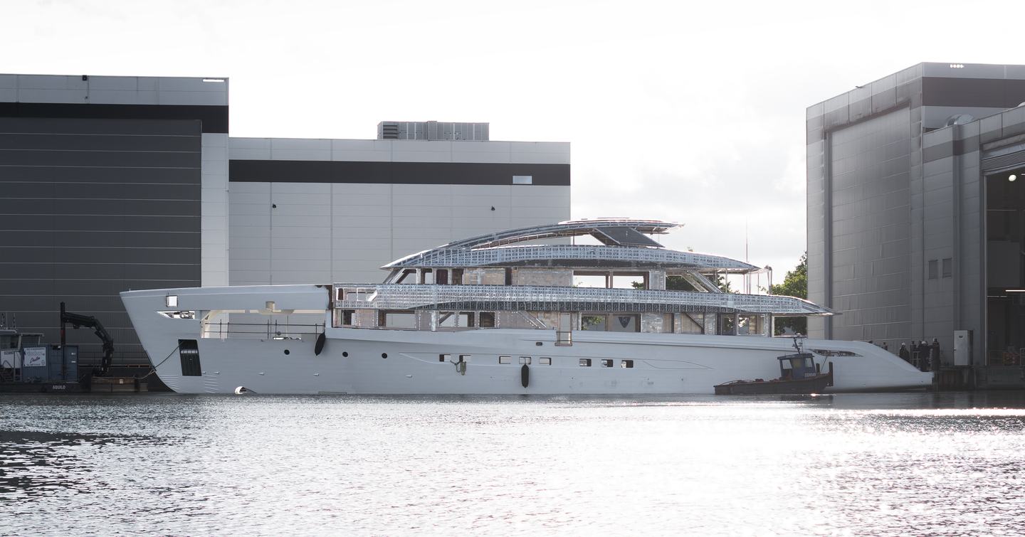 Motor yacht Project Grace on the water, in mid-stage of her completion 