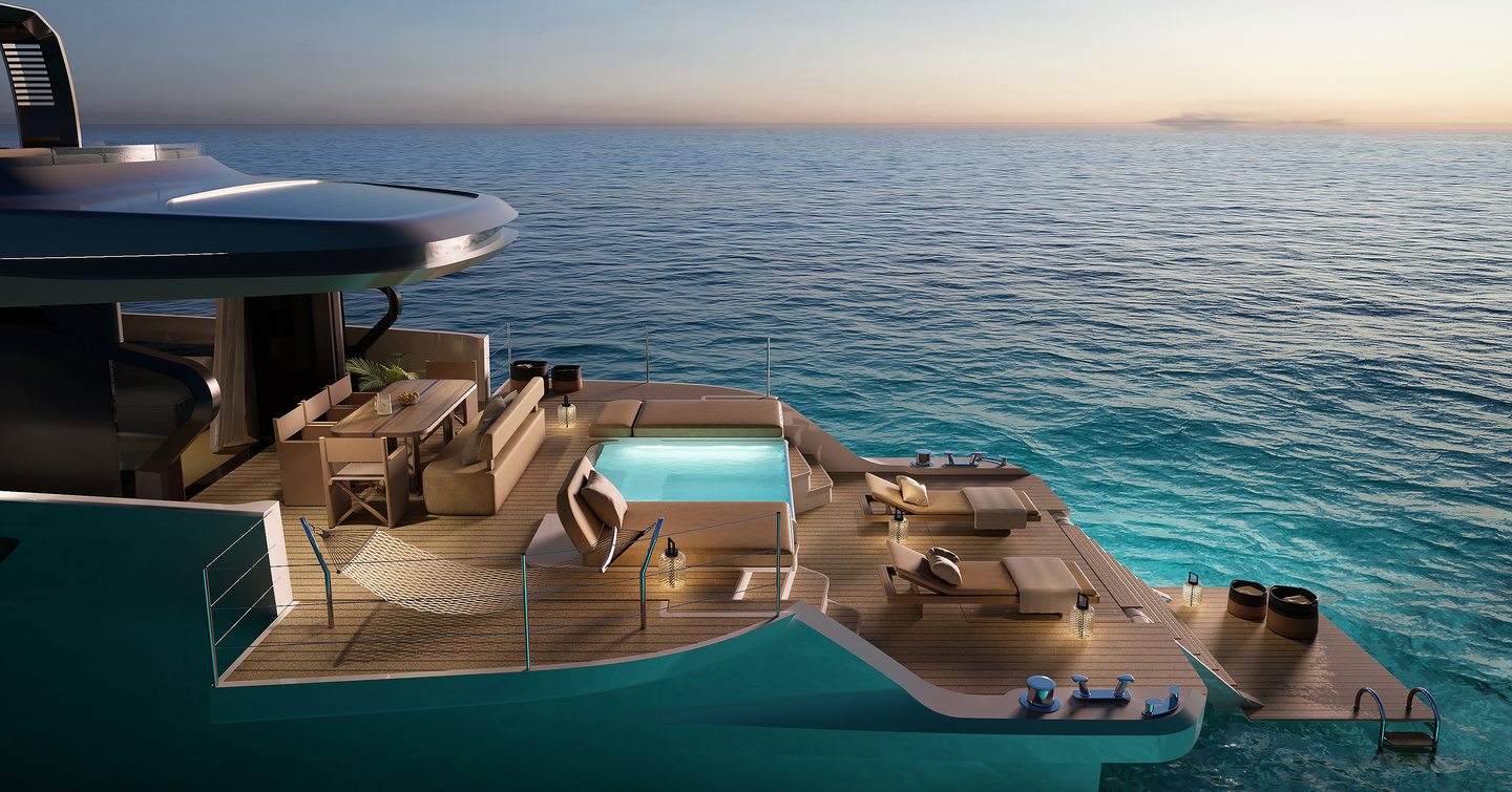 Azimut Seadeck 9 motor yacht beach club with underwater lights, infinity pool and sun lougngers 
