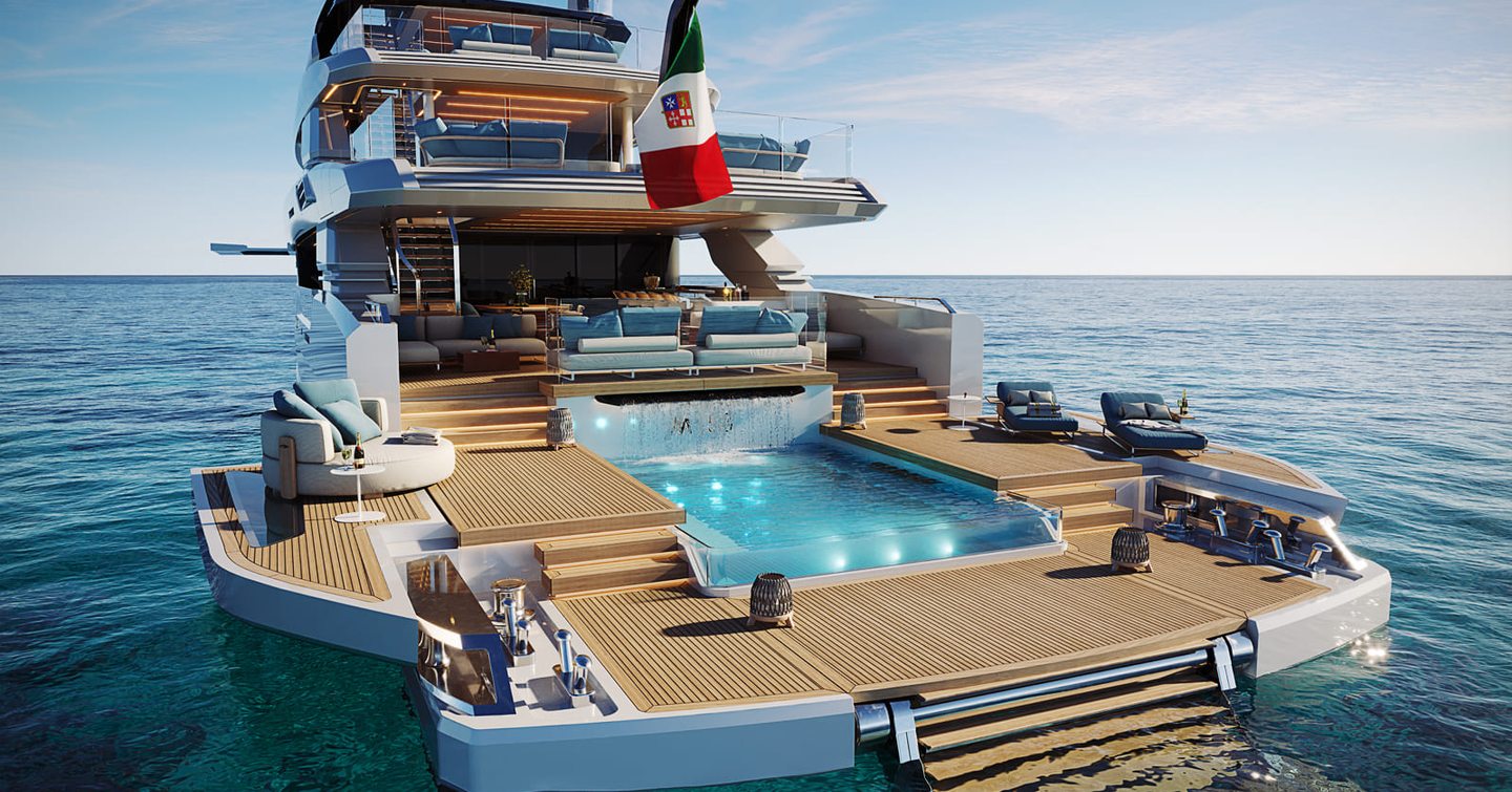 Rendering of Maiora M|53 superyacht beach club and extended stern with infinity pool and waterfall