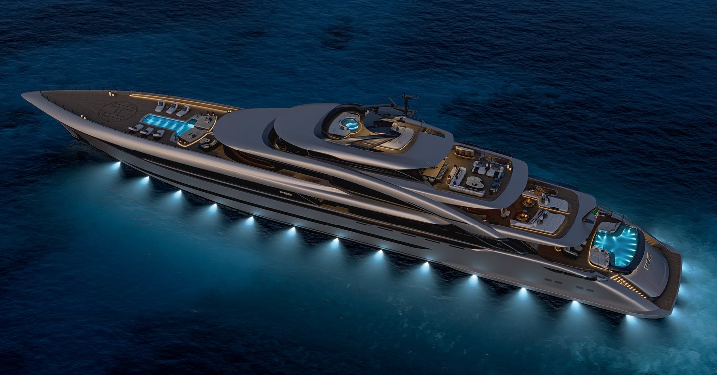 Rendering of ISA Poseidon 86M superyacht at night with underwater lights
