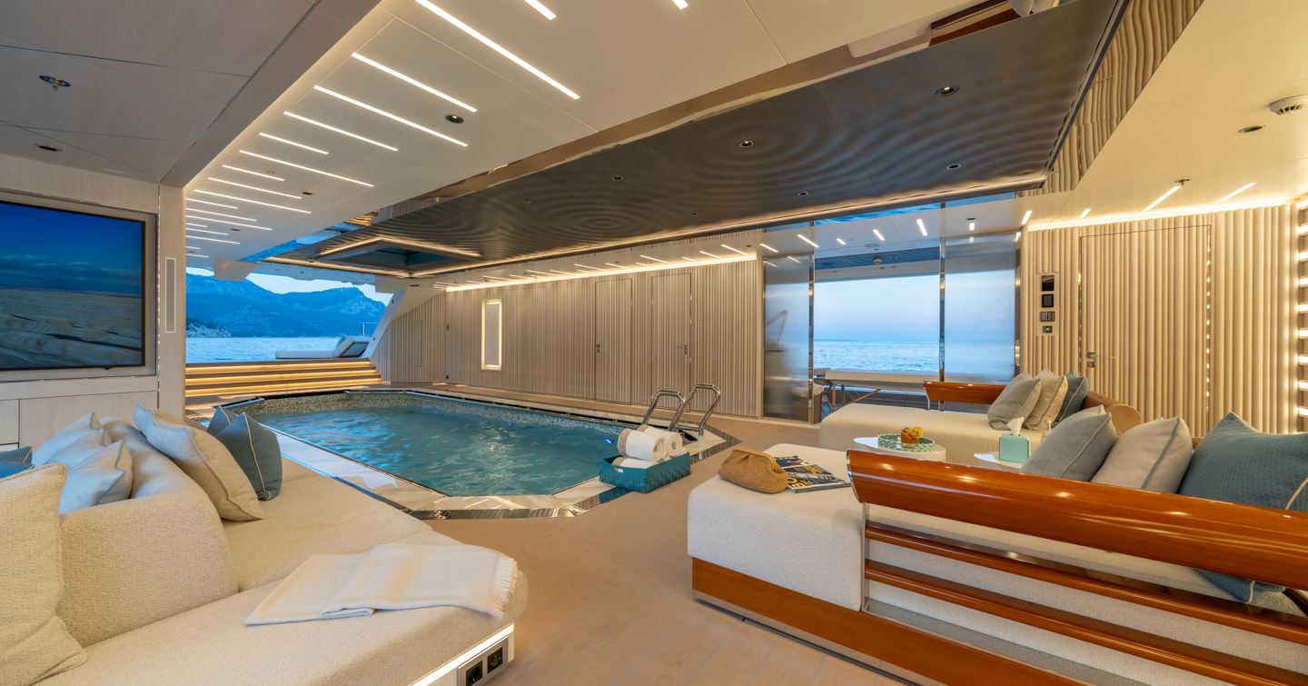 Bilgin 263 Superyacht Al Reem beach club swimming pool and lounging areas