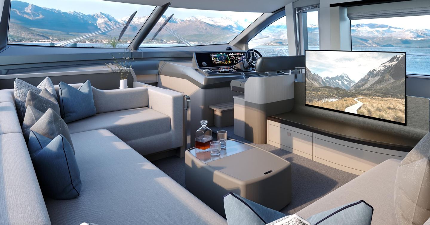 Main saloon on motor yacht Manhattan 68 with dining area, panoramic views and helm station 