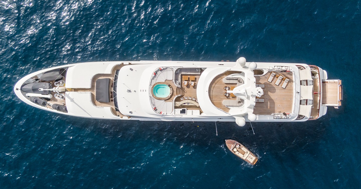 Benetti superyacht Mega Global III at anchor aerial view 