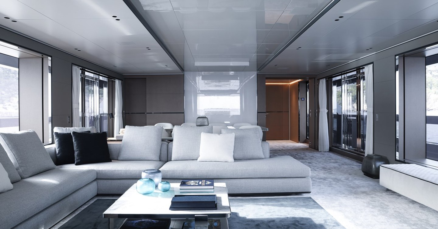 Superyacht No Stress main saloon with grey L-shaped sofa