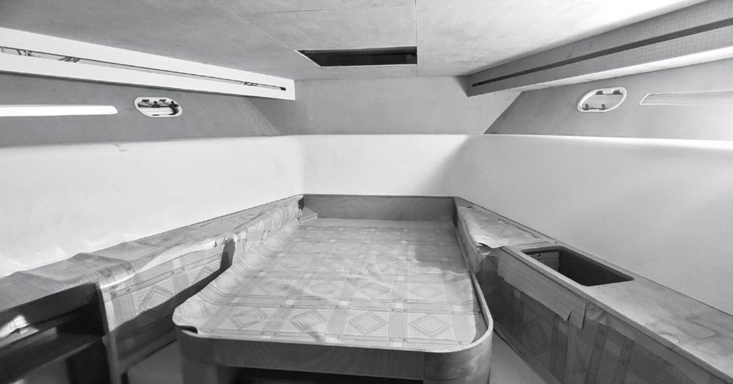 CL Yachts CLB65 SUV motor yacht forward cabin under construction in black and white