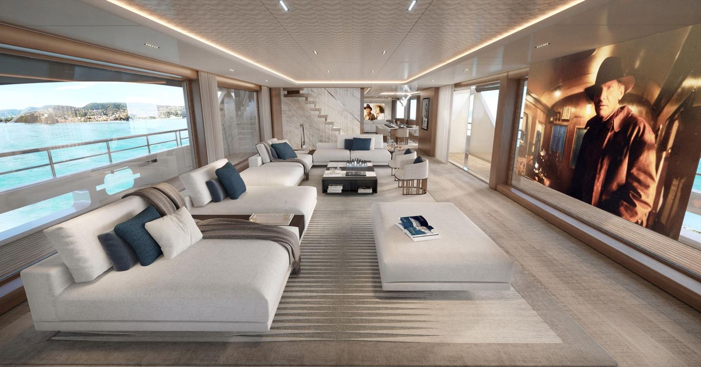 Rendering of the Benetti B.Now 50M Evo superyacht main saloon forward seating area