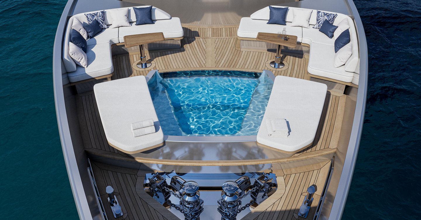 Rendering of ISA Viper 130 motor yacht foredeck with integrated jacuzzi and curved white seating