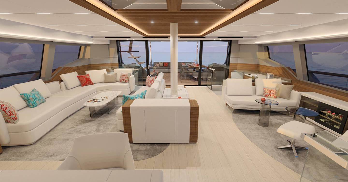 Rendering of Fountaine Pajot Power 80 catamaran's main saloon