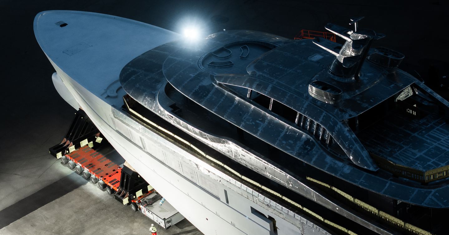 Oceanco Y729 superyacht bow under construction and on way to outfitting