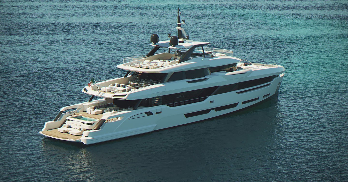 Rendering of Baglietto DOM133 superyacht at anchor 