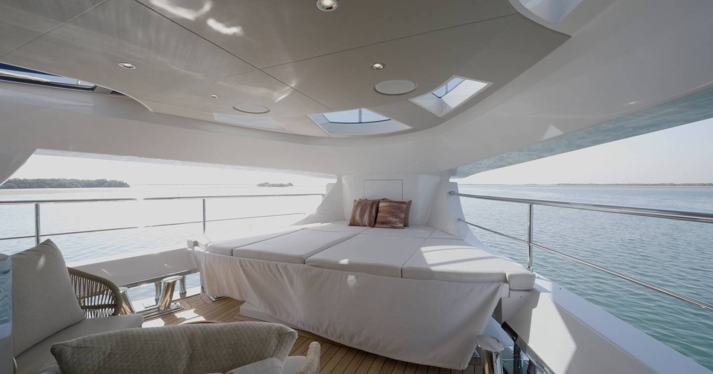 Private owner's terrace aboard the Gulf Craft Majesty 100 Terrace with sunpad and skylights