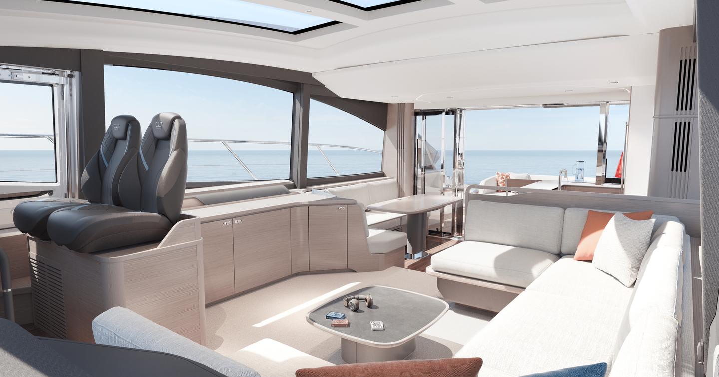 Rendering of Princess V65 motor yacht interior with U-shaped seating and helm station