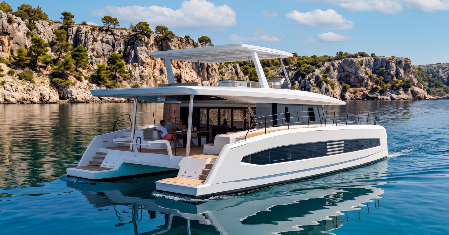 Pioneer PY60 Solar-Electric Catamaran rendering under way on calm waters 