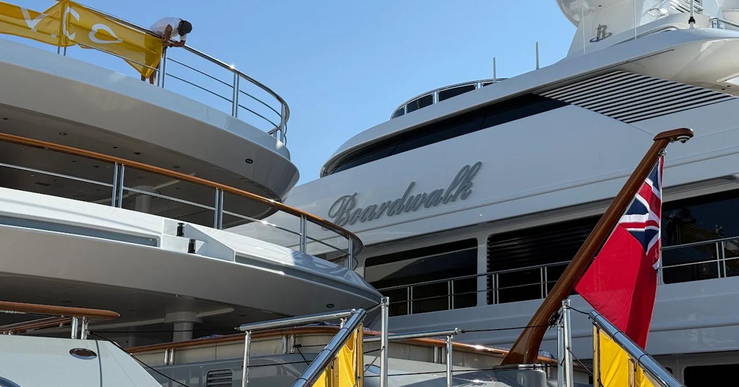 Close up of Boardwalk V emblem at Palm Beach International Boat Show 2026