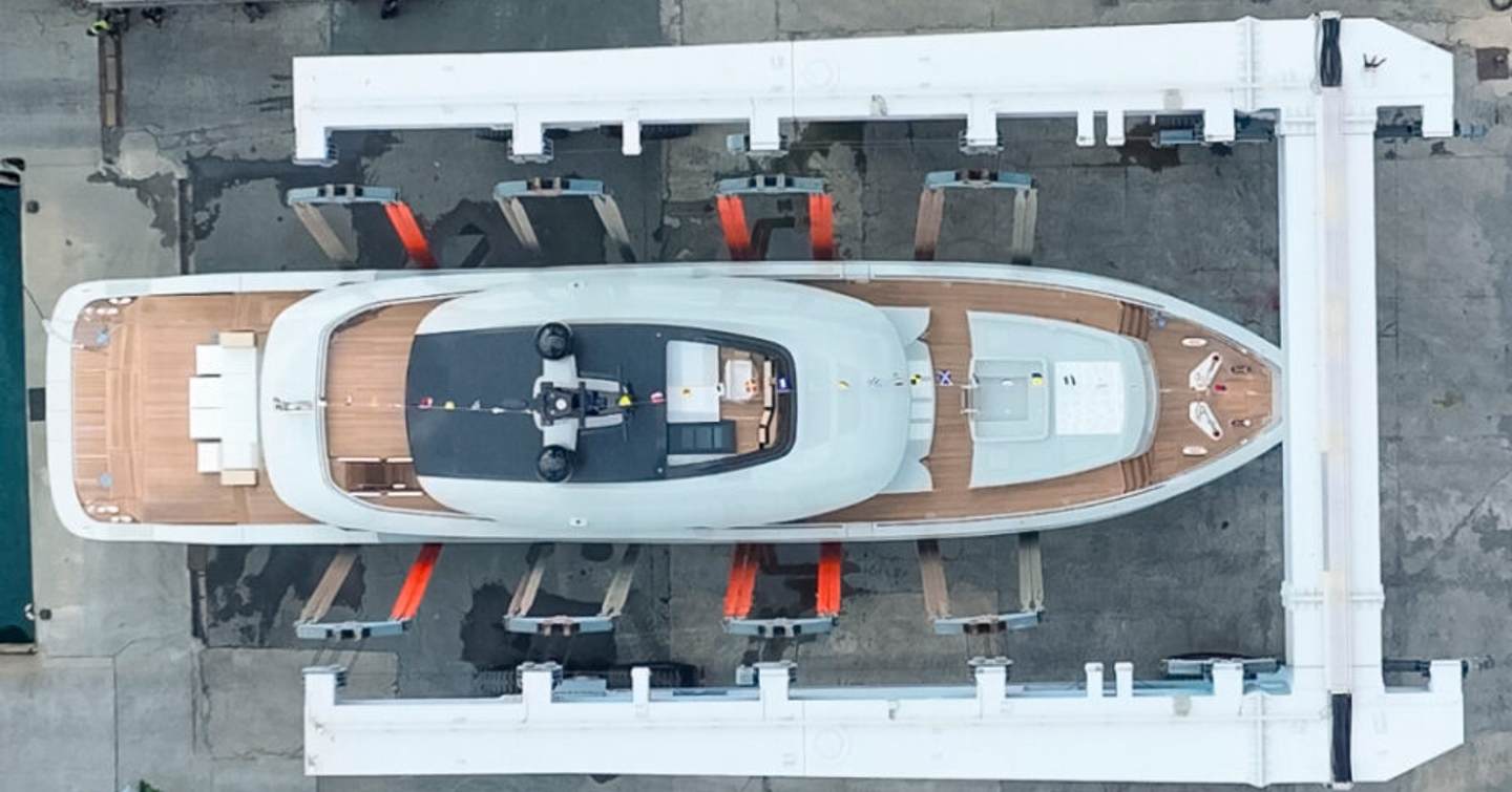 aerial view of Columbus Atlantique 38M Superyacht Principessa Capricciosa at launch