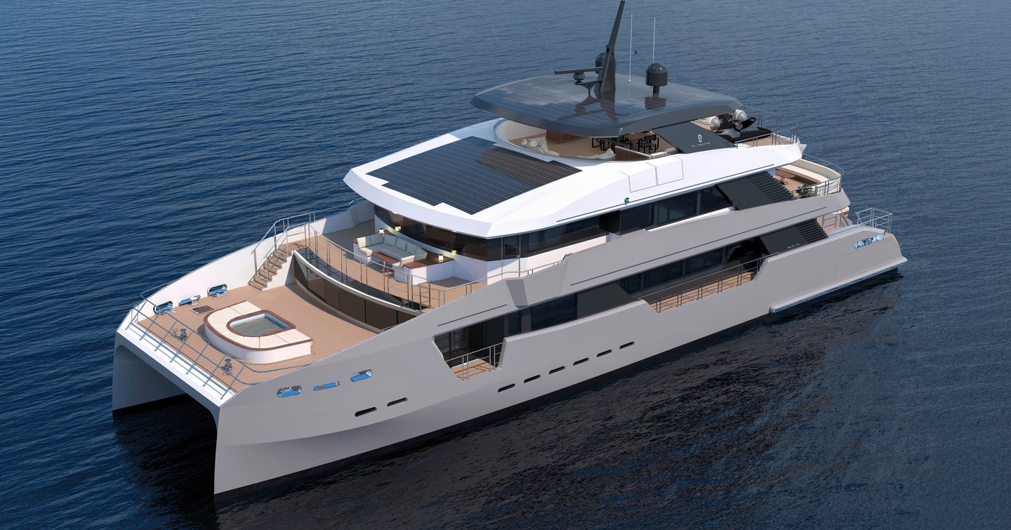 Rendering of CL Yachts CLC115 catamaran at anchor