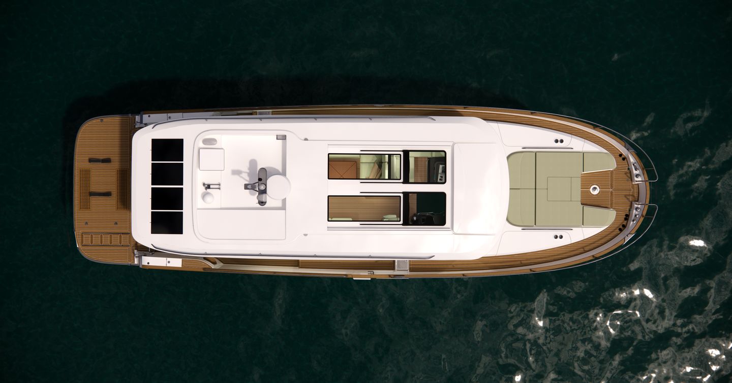 Aerial Rendering Nimbus 495 Coupé Boat at anchor 