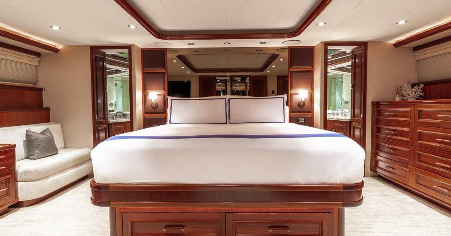 Westport motor yacht Simplicity master cabin with sofa 