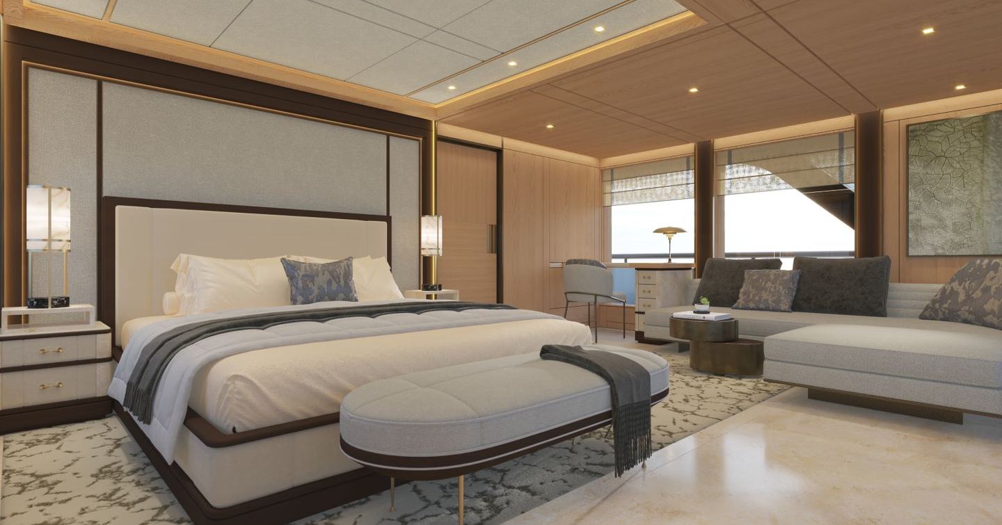 Rendering of Bering 165 explorer yacht master cabin