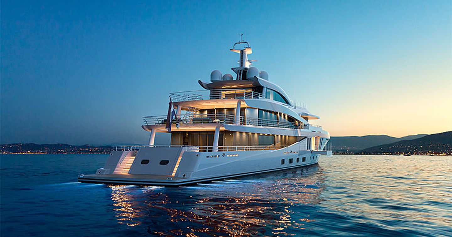 Superyacht Stella MI at anchor with underwater LED lights