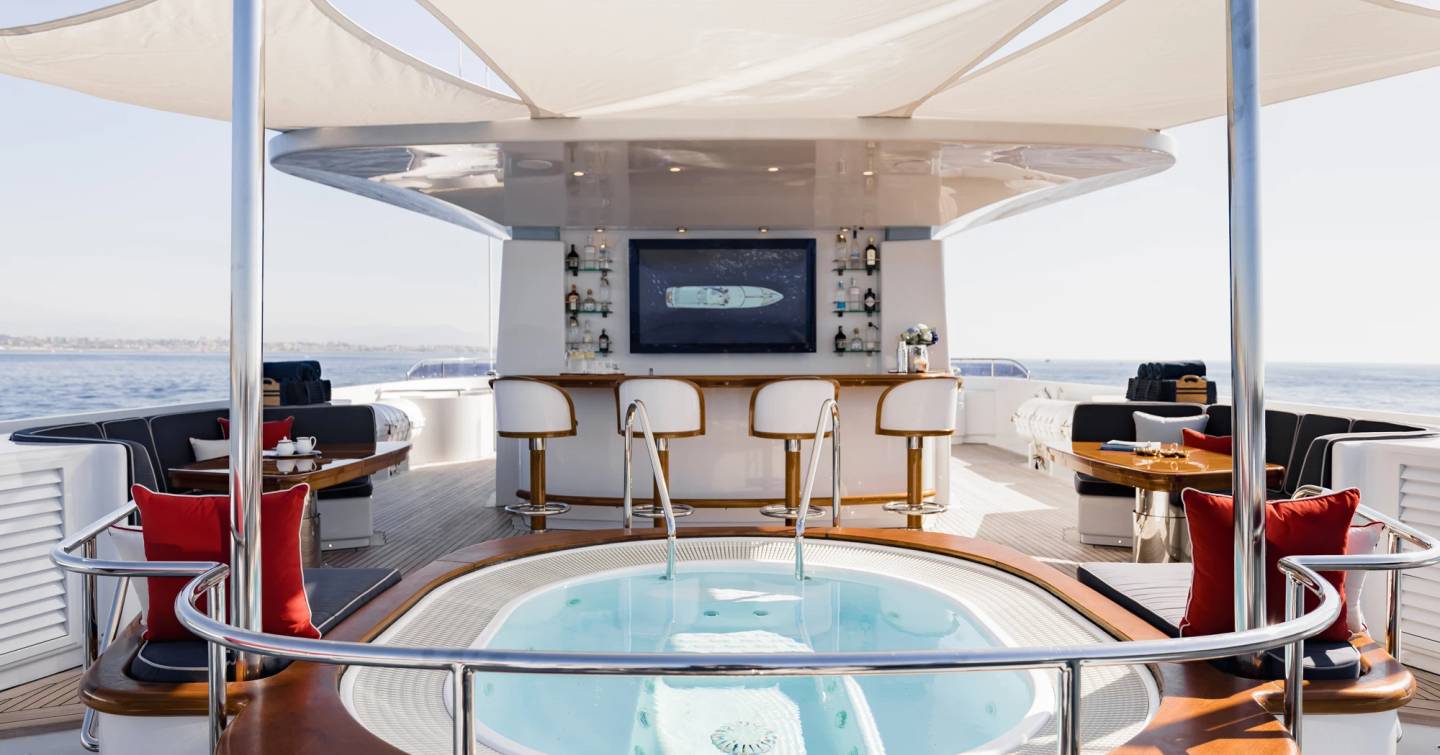 Superyacht Olympus sundeck jacuzzi and bar area