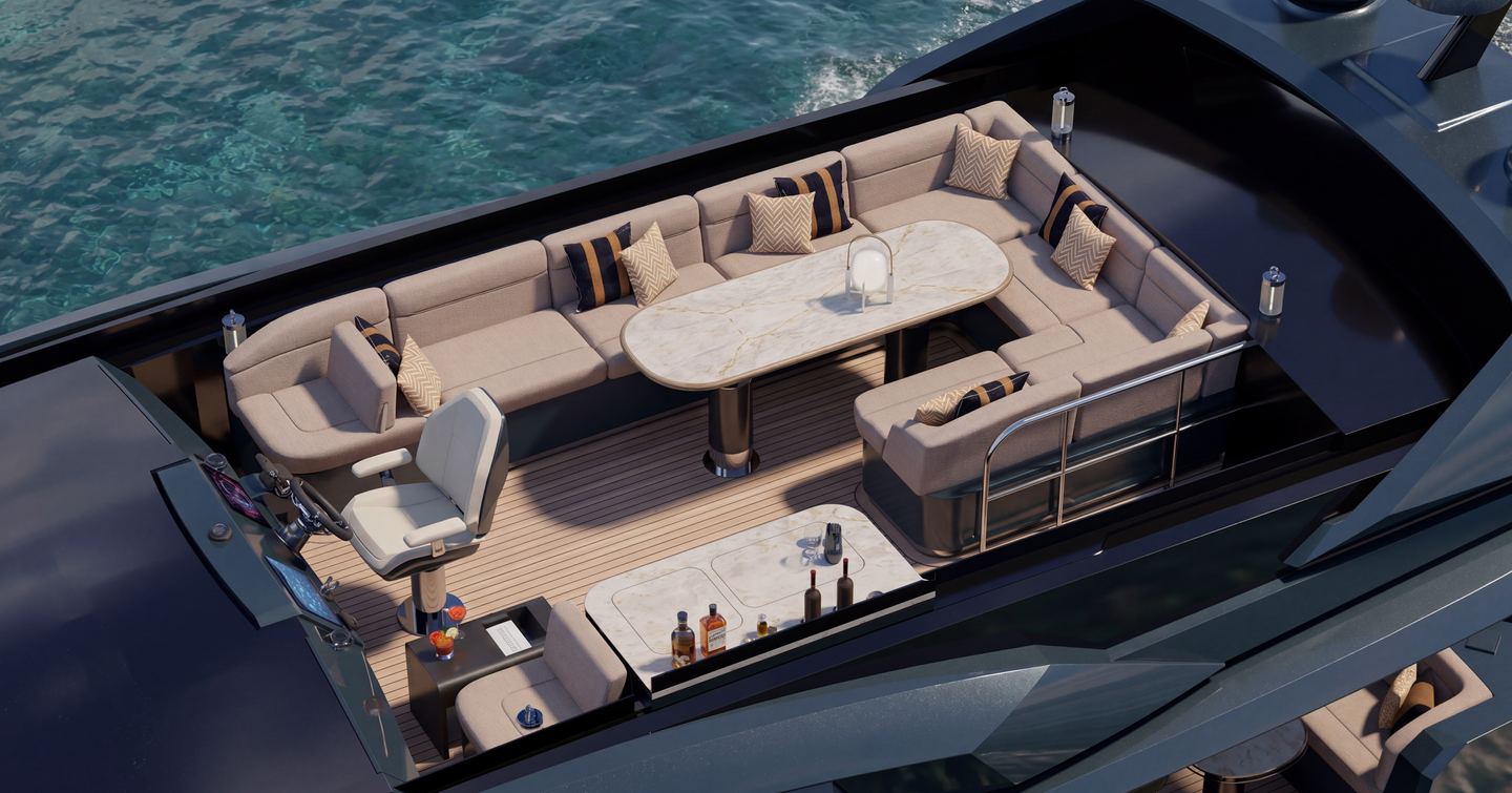 Rendering of Galeon 700 Sky Motor Yacht sundeck with U-shaped integrated seating and helmstation